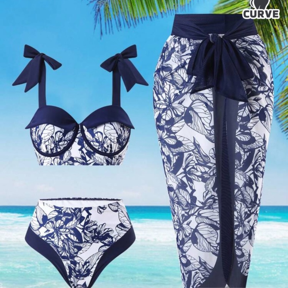 SHEIN Navy and White Floral Bikini Set